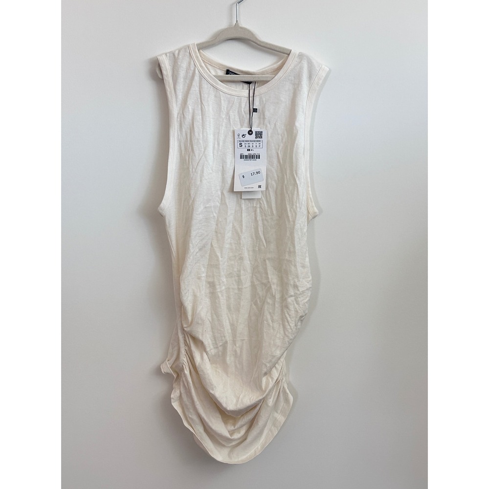 Zara Ruched Side Draped Tank Top Cream Sleeveless Crew Neck Small NWT